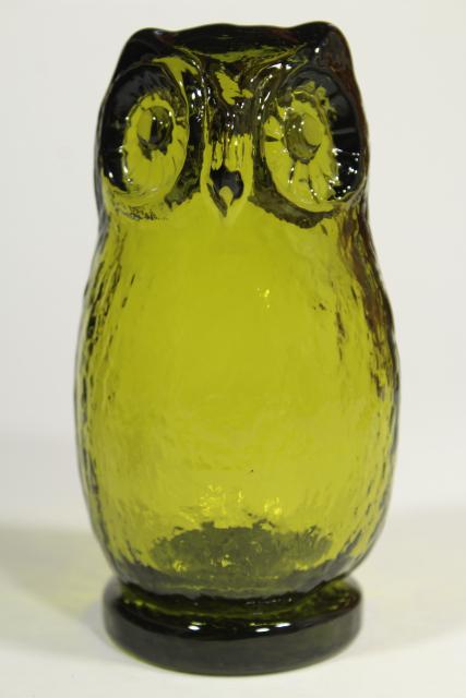 vintage avocado green glass owl, Viking glass paperweight figurine, 70s retro!