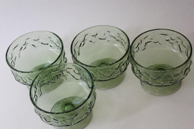 vintage avocado green glass sherbets, crinkle textured Lido Milano Anchor Hocking glassware