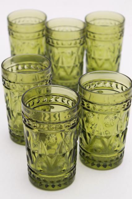 vintage avocado green glass tumblers, Colony Park Lane juice 