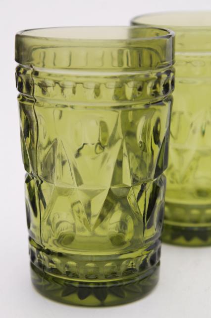 vintage avocado green glass tumblers, Colony Park Lane juice glasses set of 6