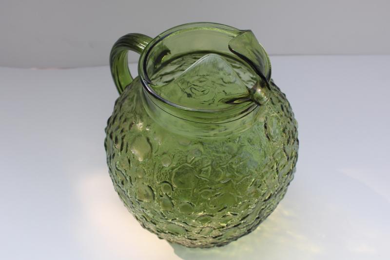vintage avocado green glassware, Anchor Hocking Milano crinkle textured glass pitcher