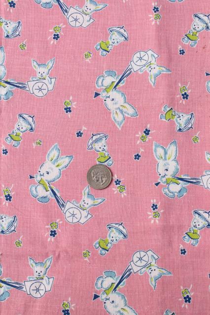 vintage baby animals print cotton feed sack fabric, bunnies w/ toy ...