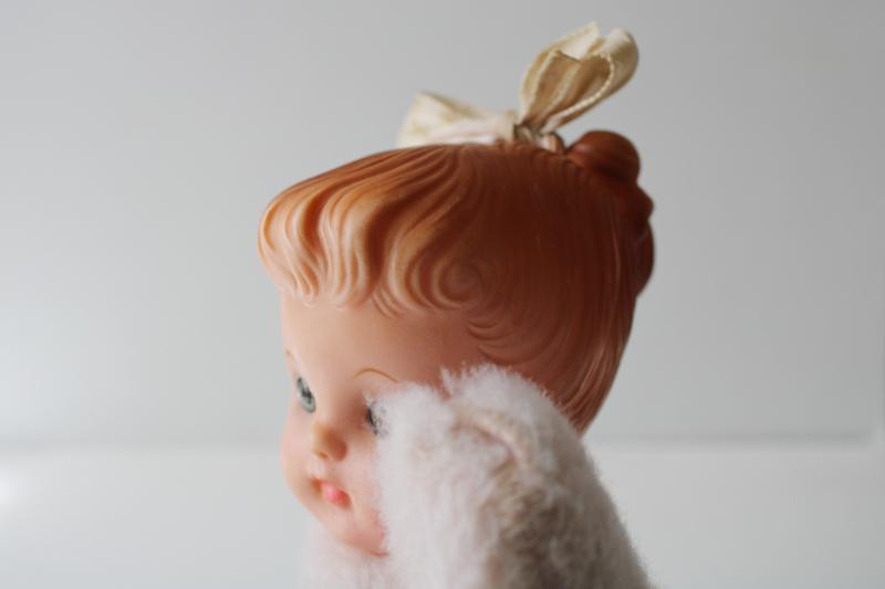 vintage baby doll, pink fuzzy bunny plush body w/ vinyl head, ponytail girl