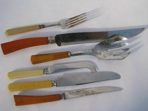 vintage bakelite flatware lot, red / green / yellow catalin handles