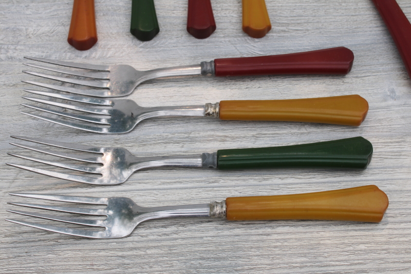 vintage bakelite handle flatware, red, yellow gold, green catalin handles art deco style