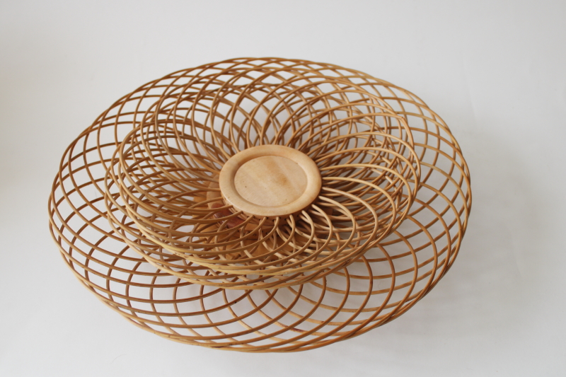 vintage bamboo natural wood baskets made in Japan, round tray  plates basket wall decor