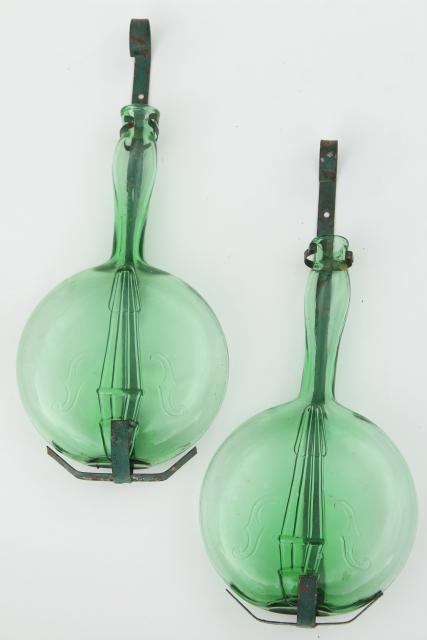 vintage banjo & violin bottles, old green glass figural bottle collection