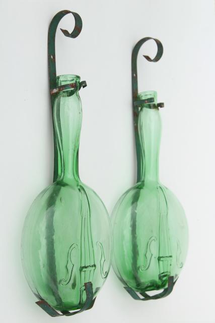 vintage banjo & violin bottles, old green glass figural bottle collection