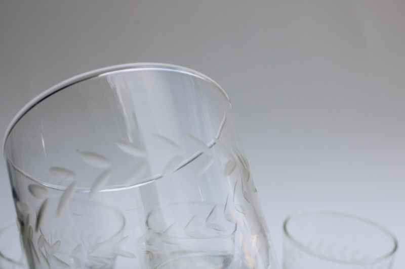 vintage bar glasses, etched laurel band crystal clear Anchor Hocking