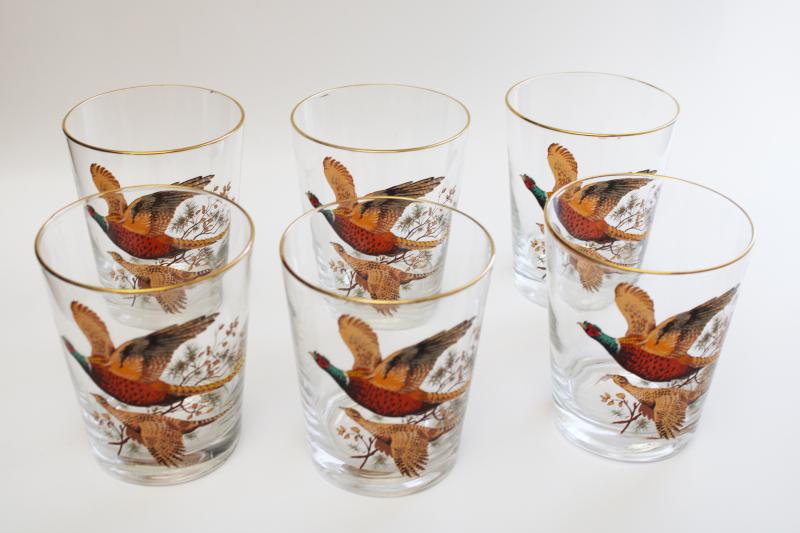 vintage bar glasses, pheasants game birds large lowball tumblers, set of double old fashioneds