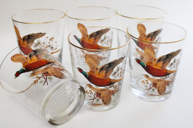 vintage bar glasses, pheasants game birds large lowball tumblers, set of double old fashioneds