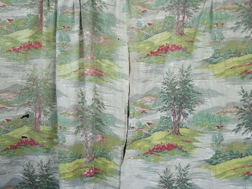 vintage barkcloth fabric lot of old curtains, shabby floral & farm scenes