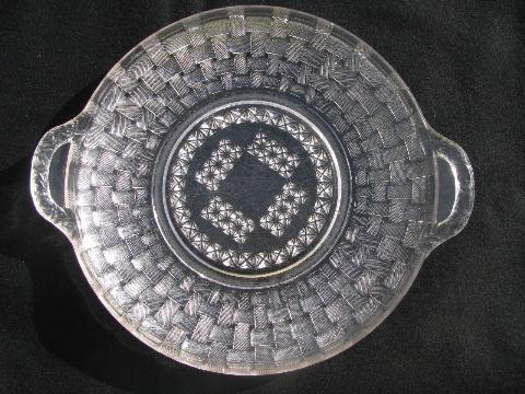vintage basketweave pattern pressed glass serving plate w/ handles