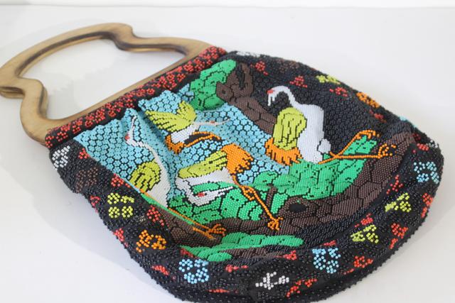 vintage beaded bag, japonesque style cranes needlework knitting tote or purse