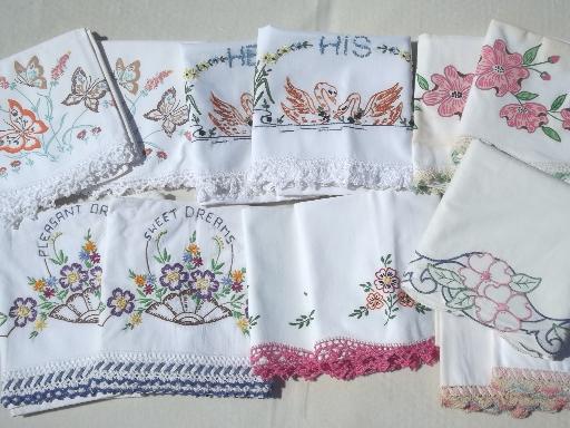 vintage bed linens lot, painted & embroidered cotton pillowcases w/ crochet 