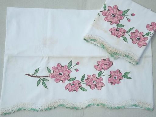 vintage bed linens lot, painted & embroidered cotton pillowcases w/ crochet 