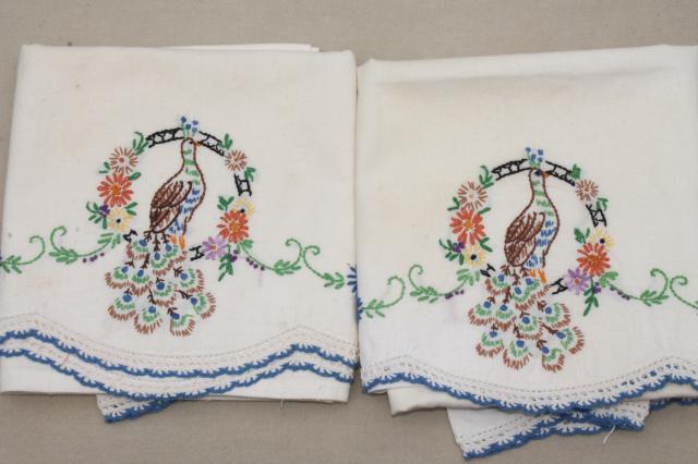 vintage bedding, bed linens lot embroidered cotton sheets & pillowcases w/ crochet