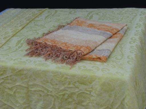 vintage bedspreads to layer, fringed rayon coverlets w/ geishas, brocade