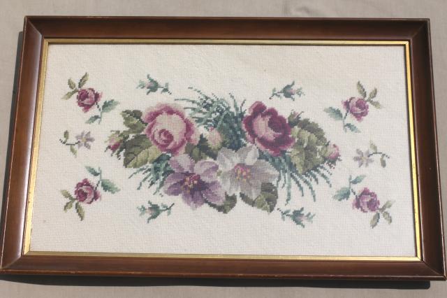 vintage berlin wool work floral, large needlepoint picture roses bouquet on ecru