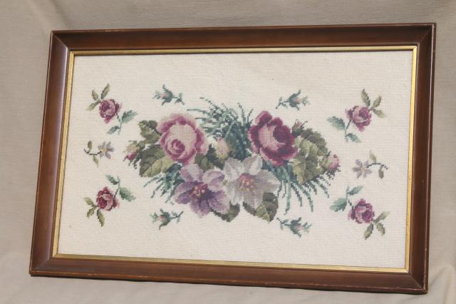 vintage berlin wool work floral, large needlepoint picture roses bouquet on ecru
