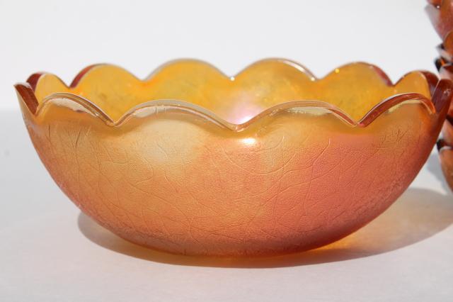 vintage berry bowls set, Jeannette crackle pattern glass w/ marigold carnival color