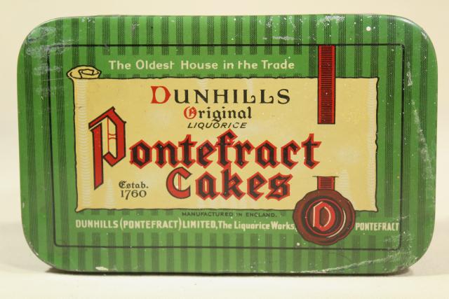 vintage biscuit tin, Dunhills England Pontefract Cakes liquorice sweets