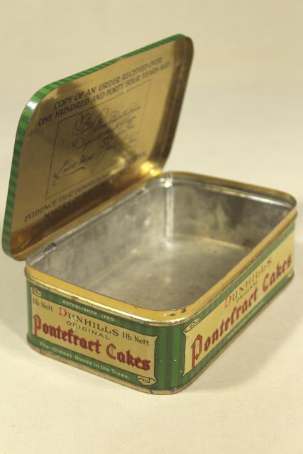 vintage biscuit tin, Dunhills England Pontefract Cakes liquorice sweets