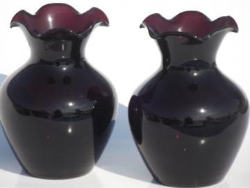 vintage black amethyst glass vases, pair of small  vases for violets 