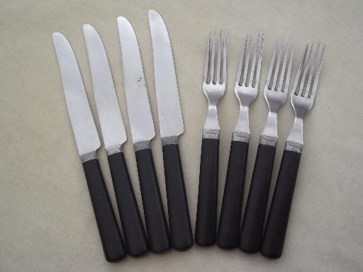 vintage black bakelite flatware, stainless forks & knives set for 4