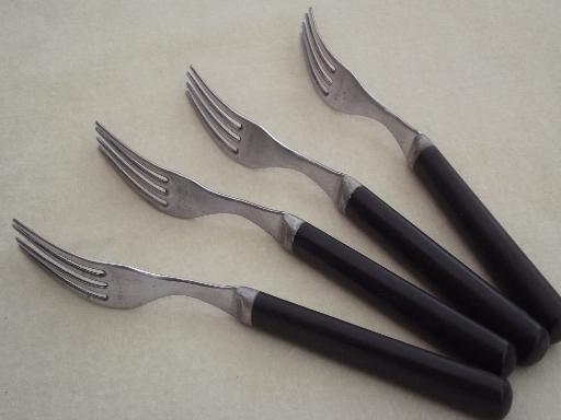 vintage black bakelite flatware, stainless forks & knives set for 4