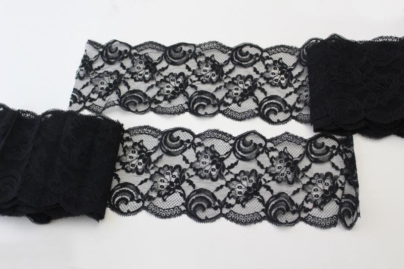 vintage black lace flounce or wide edging, 1950s sewing trim for lingerie etc.