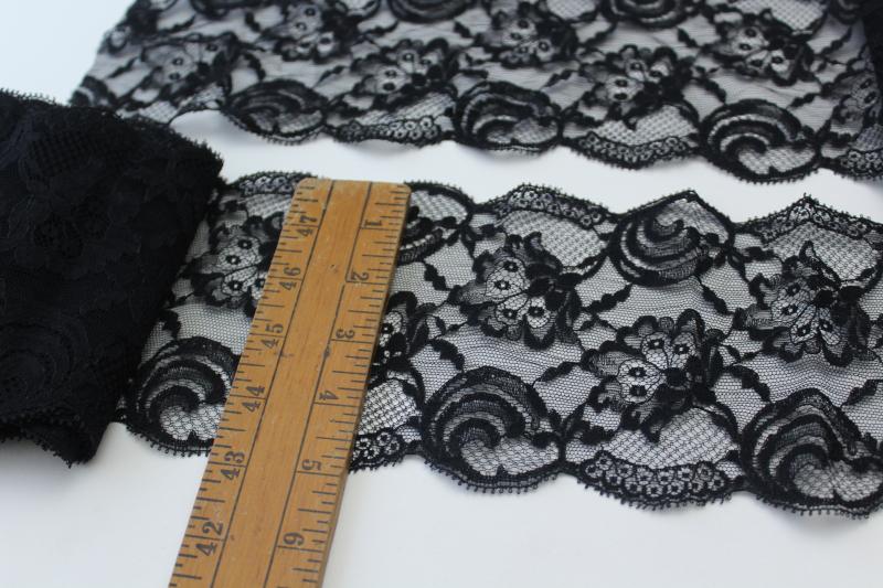 vintage black lace flounce or wide edging, 1950s sewing trim for lingerie etc.