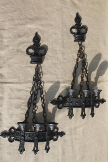 vintage black metal candle sconces w/ french fleur de lis, gothic fairy tale style!