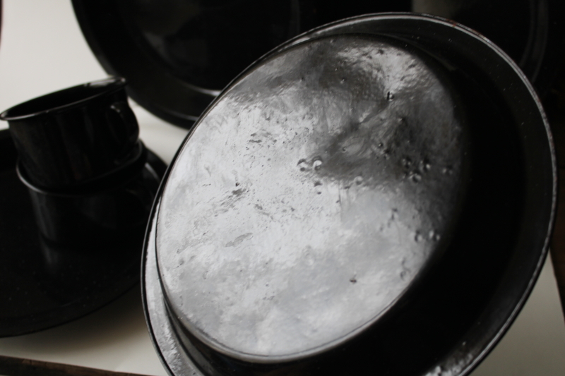 vintage black spatter graniteware enamel camp plates / pans  metal coffee mugs