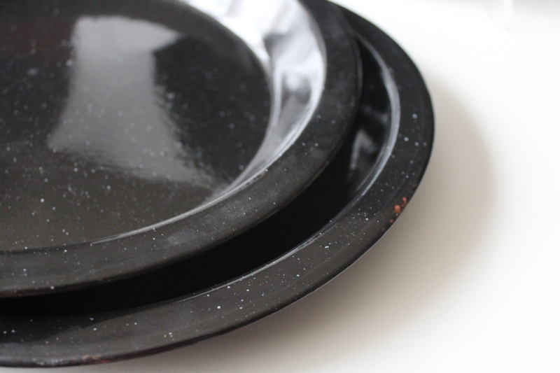 vintage black spatter graniteware enamel camp plates / pans  metal coffee mugs