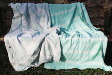 vintage blankets mint green  white floral  plaid, shabby chic worn fabric