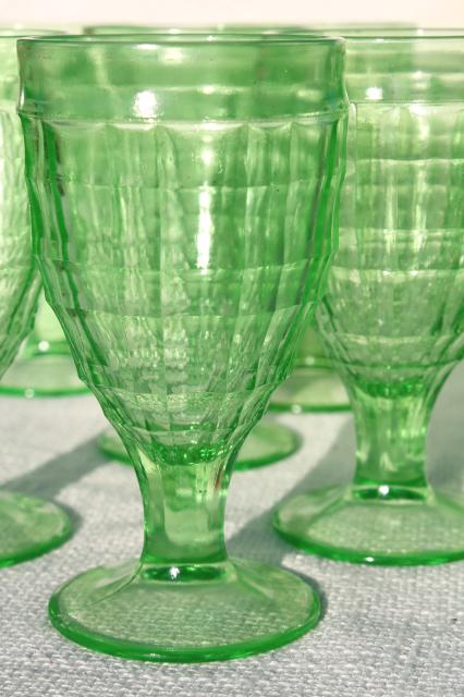vintage block optic glass water goblets or wine glasses, green depression uranium glass