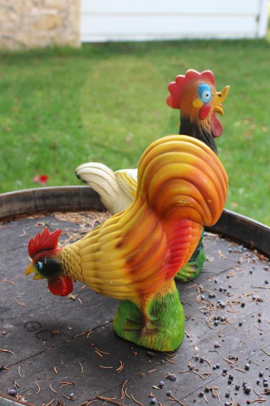 vintage blow mold plastic chickens, hen & rooster lawn ornaments yard art decor