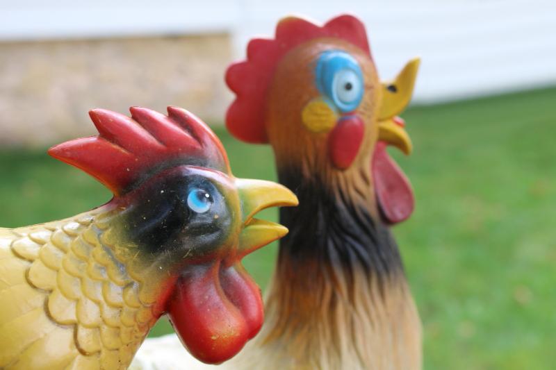 vintage blow mold plastic chickens, hen & rooster lawn ornaments yard art decor