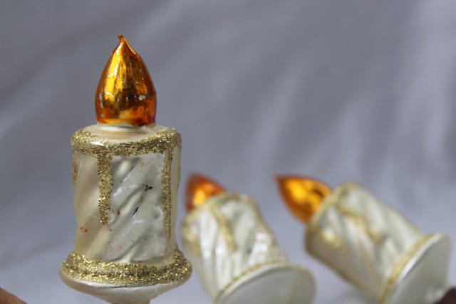 vintage blown glass Christmas candle tree ornaments, metal clip on holiday decorations
