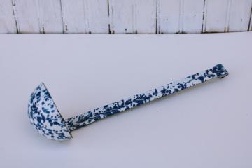 vintage blue & white splatterware enamel ware ladle or dipper, spatter graniteware