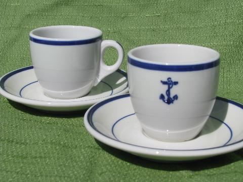 vintage blue anchor marina / yacht club china, coffee cups and saucers