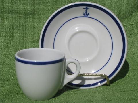 vintage blue anchor marina / yacht club china, coffee cups and saucers