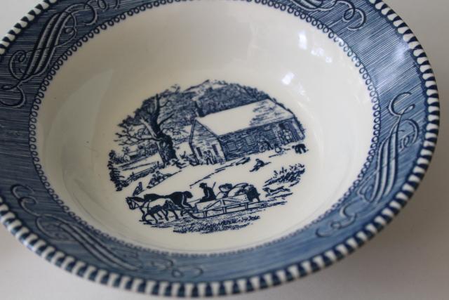 vintage blue and white china Currier & Ives cereal bowls, old schoolhouse winter scene