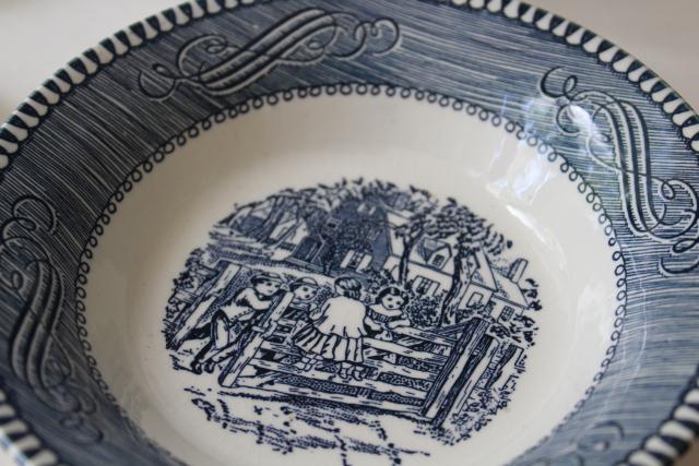 vintage blue and white china Currier & Ives fruit or dessert bowls, swinging on the gate