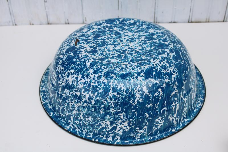 vintage blue and white spatter enamel ware bowl, camp style popcorn / snack bowl