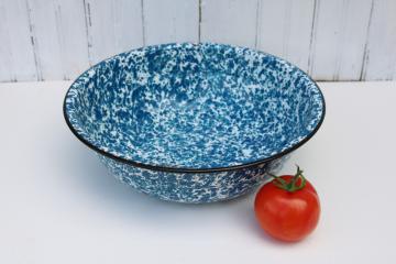 vintage blue and white spatter enamel ware bowl, camp style popcorn / snack bowl