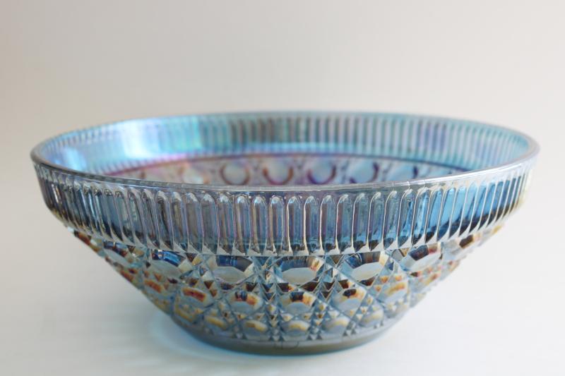 vintage blue carnival iridescent glass bowl, Federal Windsor pattern cane or button