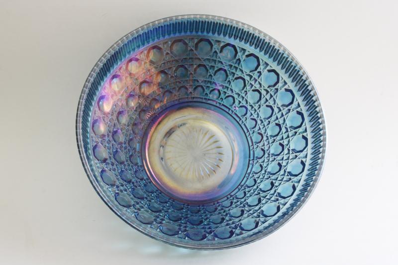 vintage blue carnival iridescent glass bowl, Federal Windsor pattern cane or button