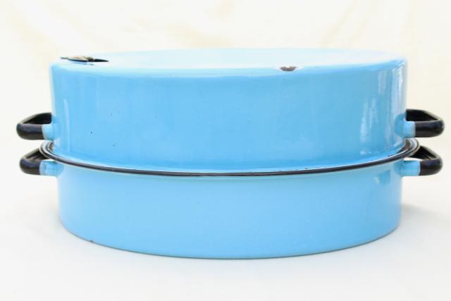 vintage blue enamelware roasting pan, big old turkey roaster w/ enamel tray insert